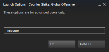 The -insecure flag set for Counter-Strike: Global Offensive's launch options