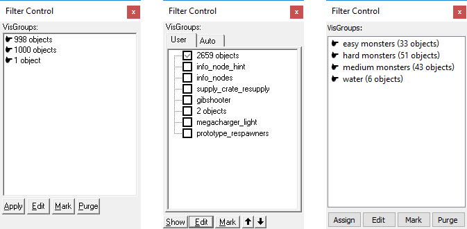 The Filter Control toolbar in Worldcraft, Hammer, and J.A.C.K., respectively