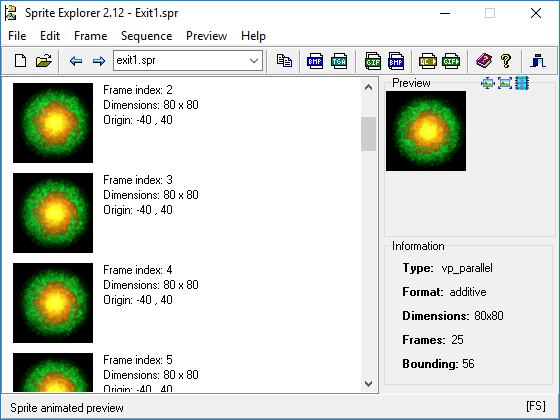 Sprite Explorer viewing the frames of a teleporting sprite